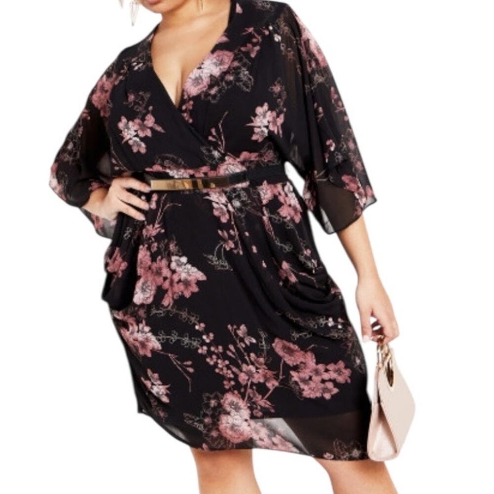City Chic Black Floral Mini Dress with Pink Accents